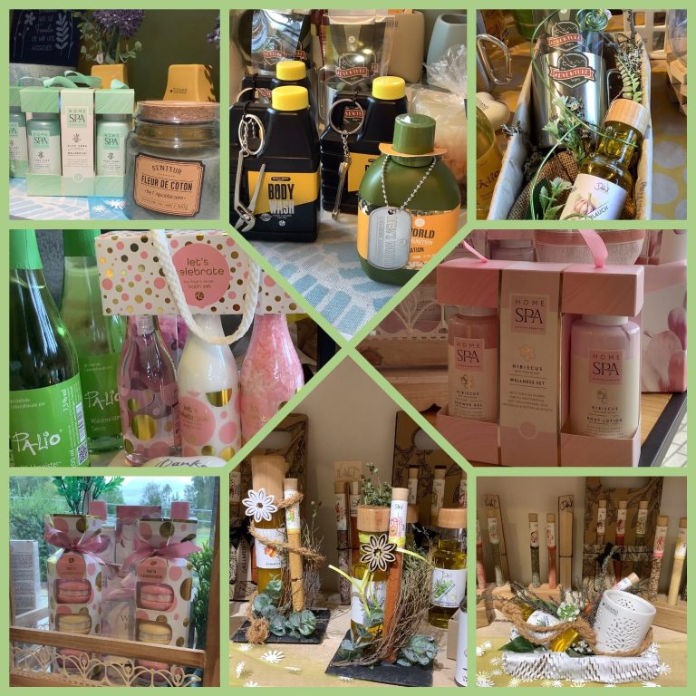 Geschenkartikel Verschiedene Produkte in Geschenkverpackungen, darunter Kosmetik, Kerzen, Gewürze und Süßes